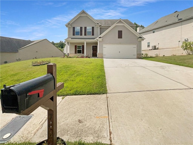 view of front of home featuring a garage, central AC, and a front yard