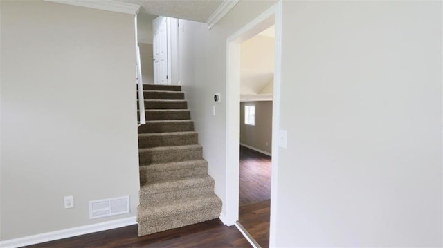 1328 Hoy Taylor Dr, Norcross, GA 30093 - stairway with wood finished floors, ornamental molding, and baseboards