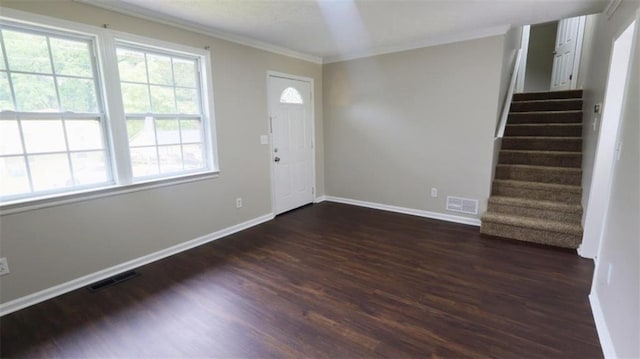 1328 Hoy Taylor Dr, Norcross, GA 30093 - foyer with ornamental molding, stairs, dark wood finished floors, and baseboards
