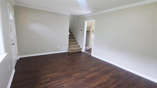 1328 Hoy Taylor Dr, Norcross, GA 30093 - unfurnished room featuring dark wood-style flooring, stairway, crown molding, and baseboards