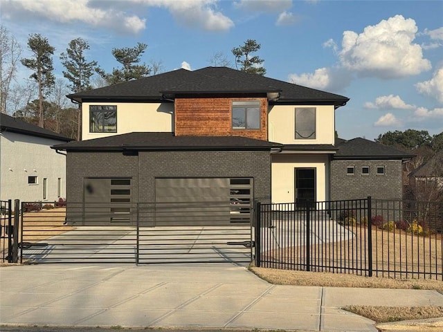 view of front of property featuring fence, brick siding, and driveway