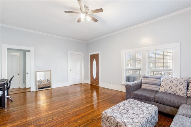 living room featuring ceiling fan, ornamental molding, and dark hardwood / wood-style floors