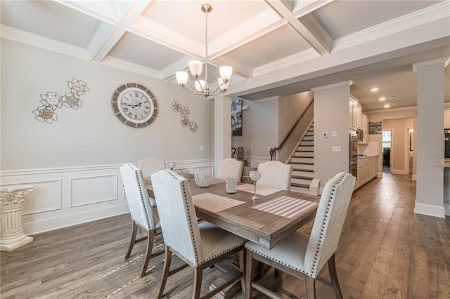 dining space with dark wood-type flooring, beam ceiling, coffered ceiling, and a chandelier