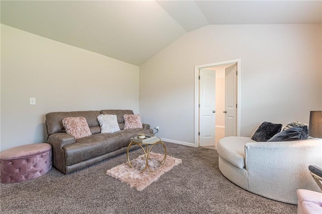 living room with carpet floors and lofted ceiling