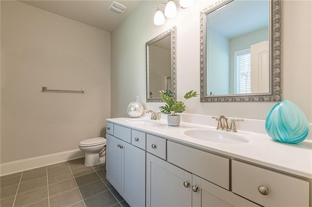 bathroom featuring double sink, tile floors, toilet, and oversized vanity