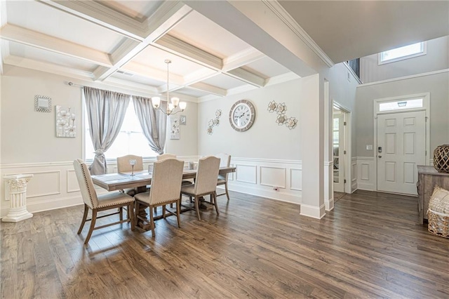 dining area featuring dark hardwood / wood-style flooring, an inviting chandelier, plenty of natural light, and coffered ceiling