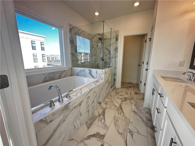 508 Healy Dr Unit 70, Cumming, GA 30040 - full bathroom with a marble finish shower, a bath, marble look tiles, baseboards, and recessed lighting