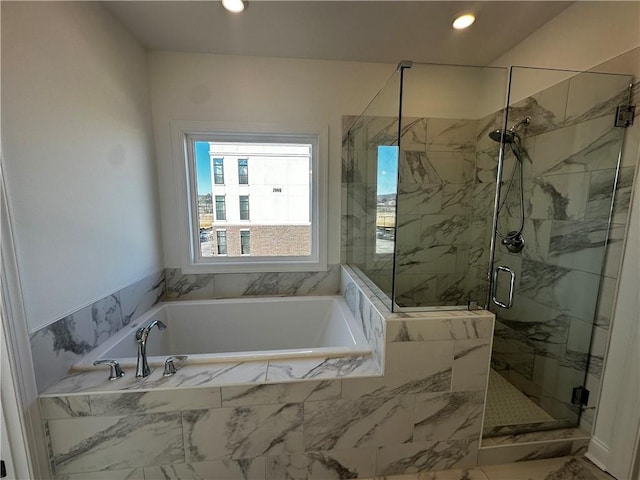 508 Healy Dr Unit 70, Cumming, GA 30040 - full bathroom with a bath, a marble finish shower, and recessed lighting