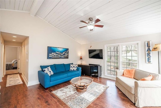 living room with dark wood-style floors, a ceiling fan, high vaulted ceiling, beamed ceiling, and baseboards