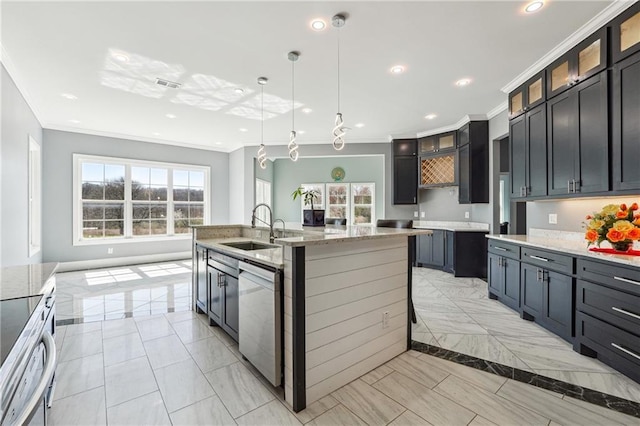 kitchen featuring recessed lighting, dishwashing machine, ornamental molding, and a sink