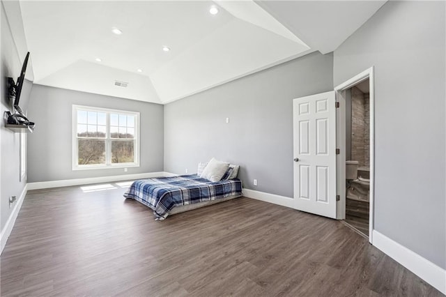 bedroom with visible vents, wood finished floors, recessed lighting, baseboards, and lofted ceiling