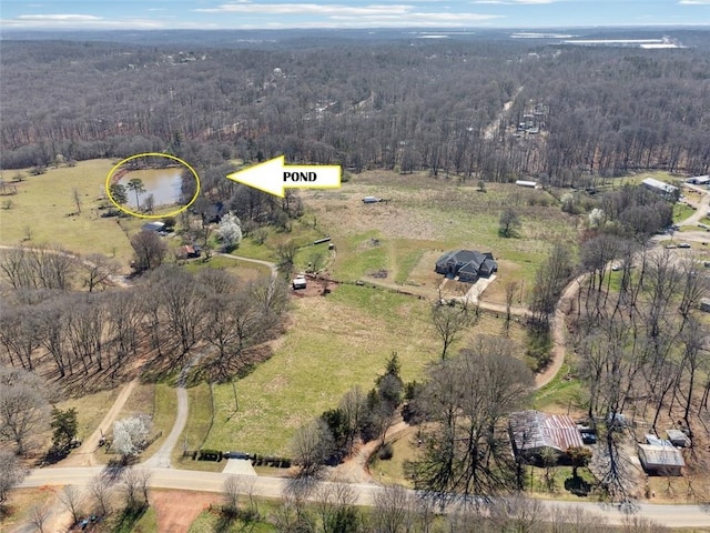 birds eye view of property featuring a rural view and a wooded view