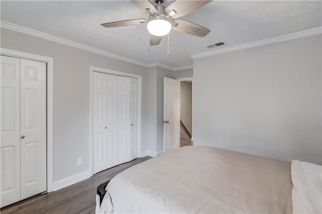 bedroom featuring dark hardwood / wood-style flooring, two closets, crown molding, and ceiling fan