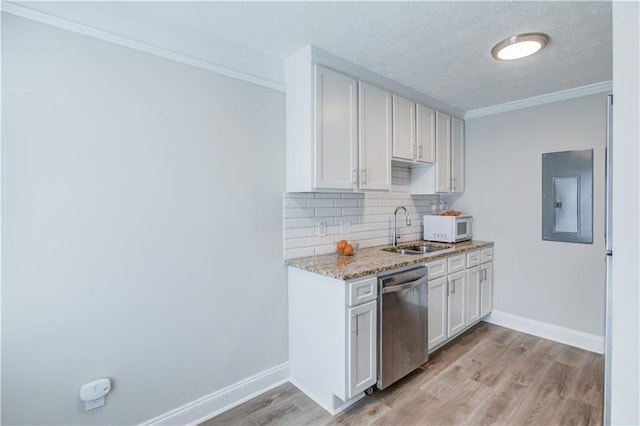 kitchen with sink, white cabinetry, stainless steel dishwasher, electric panel, and decorative backsplash