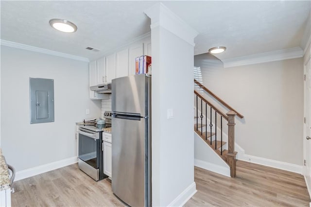 kitchen featuring appliances with stainless steel finishes, white cabinetry, electric panel, ornamental molding, and light hardwood / wood-style floors