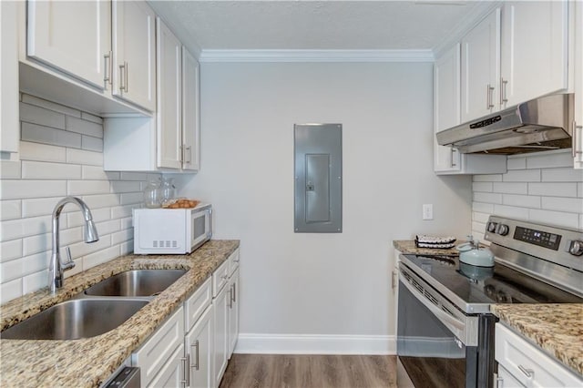 kitchen with appliances with stainless steel finishes, white cabinetry, sink, electric panel, and crown molding