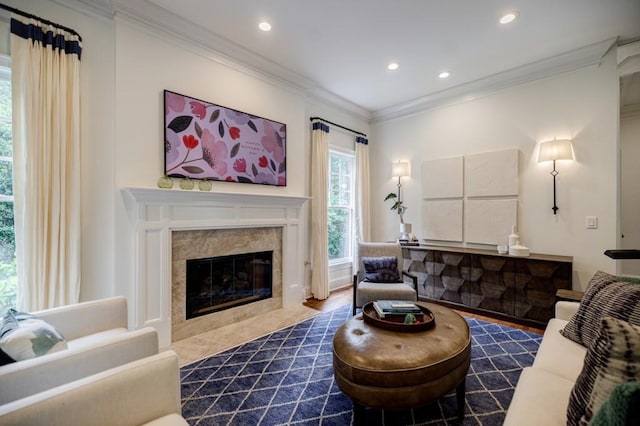 663 Clifton Rd NE, Atlanta, GA 30307 - living room with a fireplace, ornamental molding, and recessed lighting