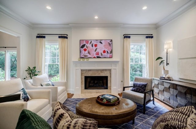 663 Clifton Rd NE, Atlanta, GA 30307 - living room featuring healthy amount of natural light, a high end fireplace, ornamental molding, recessed lighting, and dark wood-style flooring