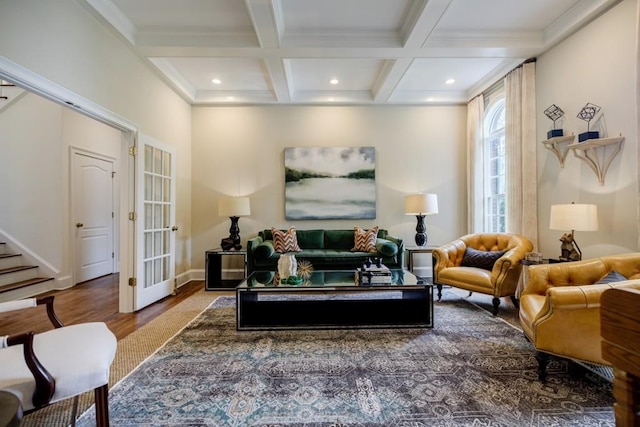 663 Clifton Rd NE, Atlanta, GA 30307 - living room with wood finished floors, beam ceiling, coffered ceiling, stairway, and crown molding