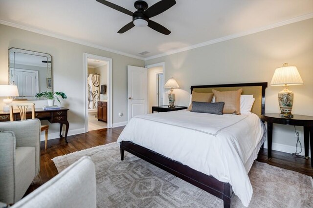 663 Clifton Rd NE, Atlanta, GA 30307 - bedroom featuring wood finished floors, crown molding, baseboards, connected bathroom, and a ceiling fan