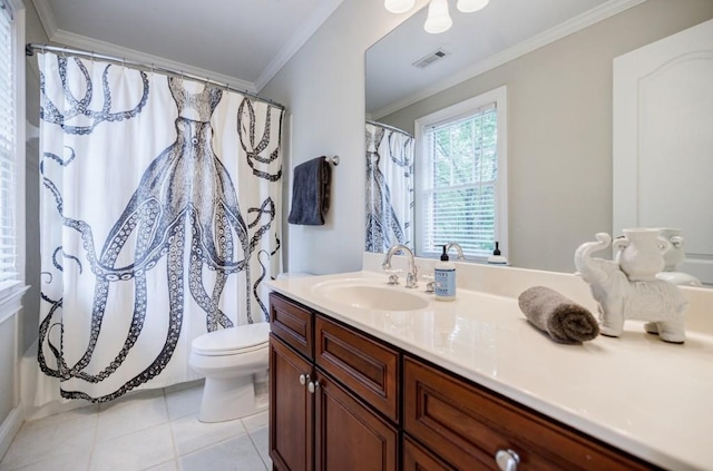 663 Clifton Rd NE, Atlanta, GA 30307 - bathroom with crown molding, toilet, vanity, tile patterned flooring, and a shower with shower curtain