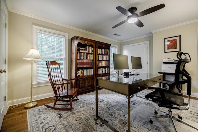 663 Clifton Rd NE, Atlanta, GA 30307 - home office with wood finished floors, baseboards, plenty of natural light, ceiling fan, and ornamental molding