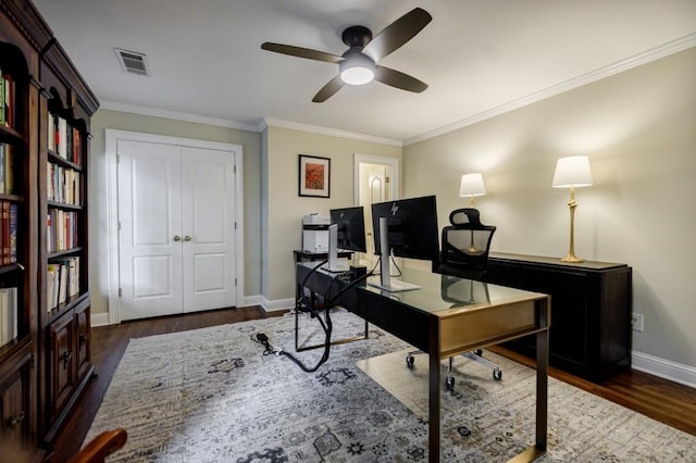 663 Clifton Rd NE, Atlanta, GA 30307 - office space featuring ceiling fan, dark wood-type flooring, baseboards, and ornamental molding