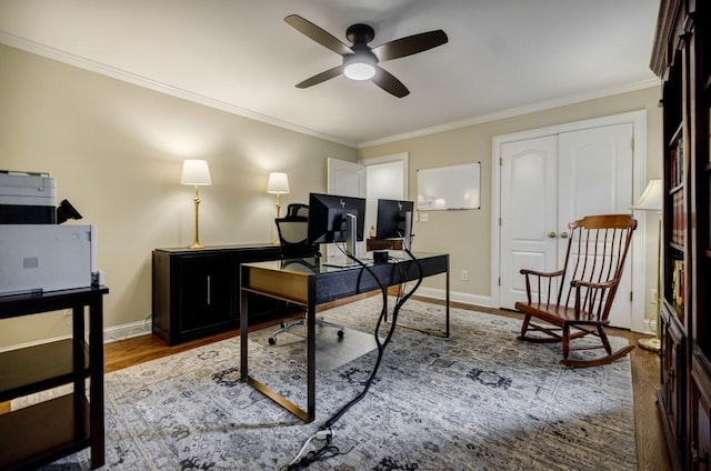 663 Clifton Rd NE, Atlanta, GA 30307 - home office with a ceiling fan, wood finished floors, crown molding, and baseboards