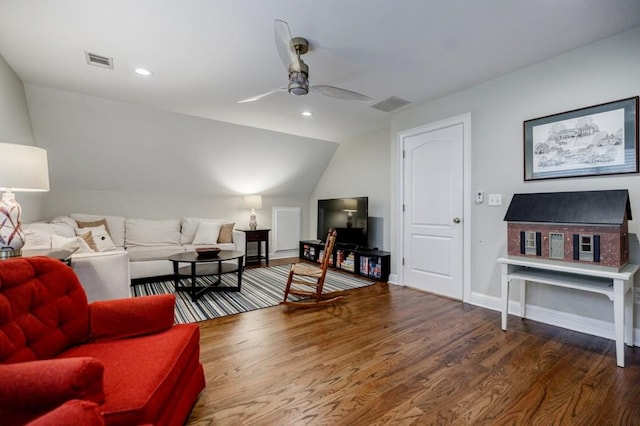 663 Clifton Rd NE, Atlanta, GA 30307 - living room with wood finished floors, vaulted ceiling, ceiling fan, baseboards, and recessed lighting