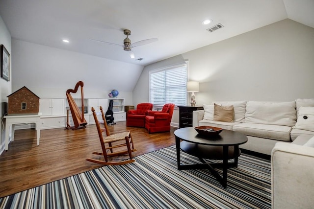 663 Clifton Rd NE, Atlanta, GA 30307 - living area with lofted ceiling, wood finished floors, a ceiling fan, and recessed lighting