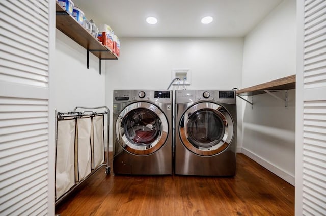 663 Clifton Rd NE, Atlanta, GA 30307 - laundry room with washer and clothes dryer, wood finished floors, baseboards, and recessed lighting