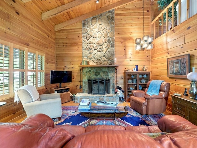 living room with a fireplace, a notable chandelier, high vaulted ceiling, wood-type flooring, and wood ceiling