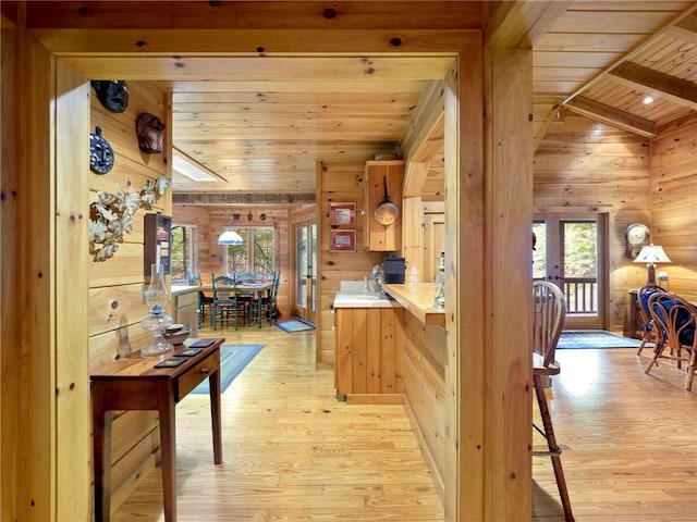 kitchen with vaulted ceiling, light wood-type flooring, and a healthy amount of sunlight