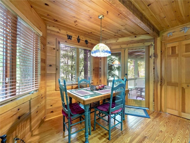 dining space with light hardwood / wood-style floors, wooden ceiling, and wooden walls