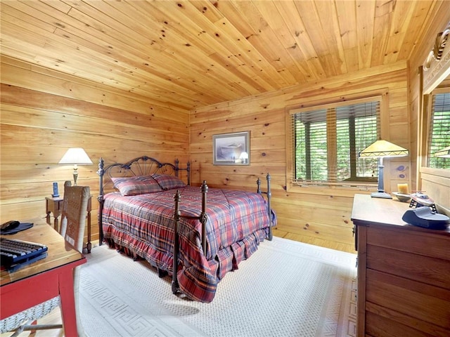 bedroom with wood ceiling and wood walls