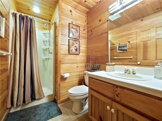 bathroom featuring wooden ceiling, toilet, and wooden walls