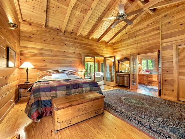 bedroom with light hardwood / wood-style floors, ceiling fan, wood ceiling, beamed ceiling, and wooden walls