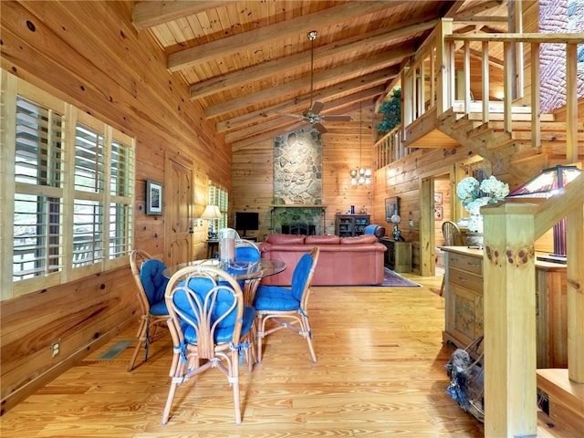 dining area with a fireplace, wood walls, light hardwood / wood-style floors, and wooden ceiling