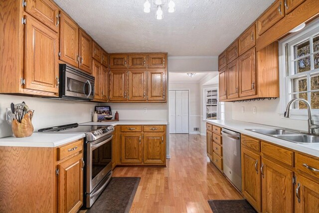 kitchen featuring light wood-style floors, appliances with stainless steel finishes, light countertops, and a sink