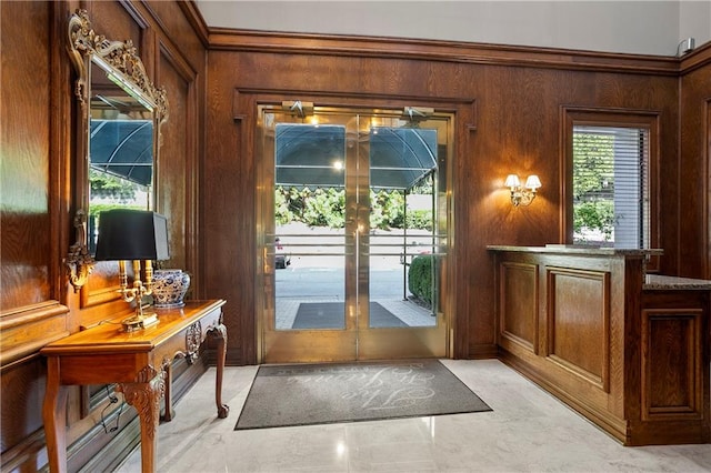 doorway to outside featuring wooden walls