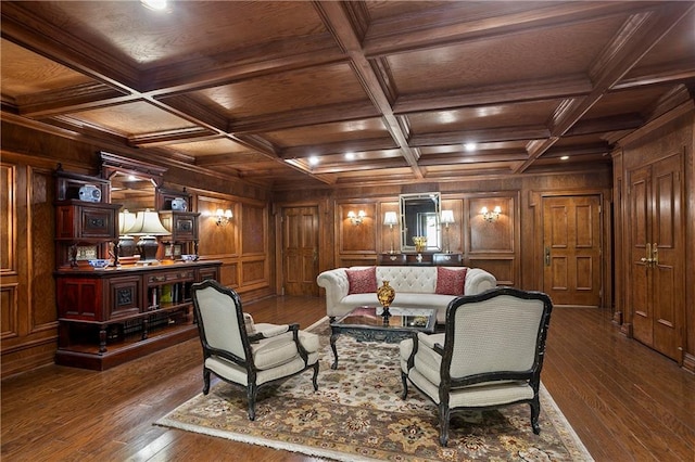 living room featuring coffered ceiling, beamed ceiling, wooden walls, and dark hardwood / wood-style floors