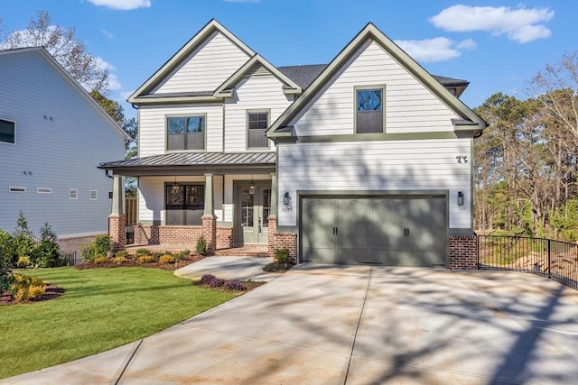 craftsman-style home with a porch, a standing seam roof, a garage, brick siding, and concrete driveway