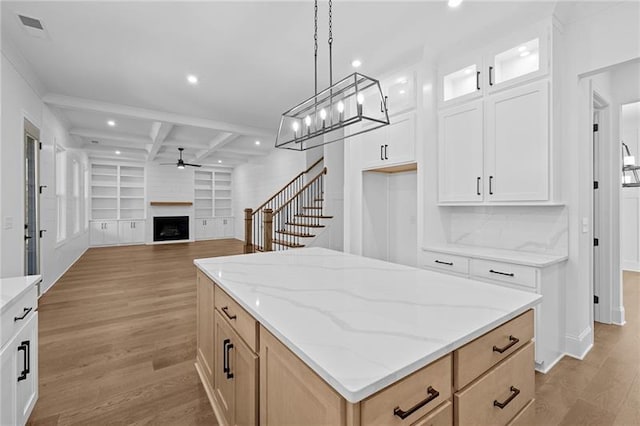 kitchen with recessed lighting, ceiling fan, and light wood finished floors