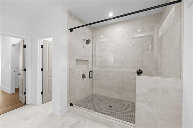 full bathroom featuring baseboards, a stall shower, recessed lighting, and marble finish floor