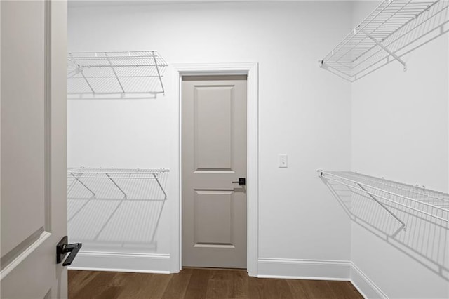 spacious closet with dark wood finished floors