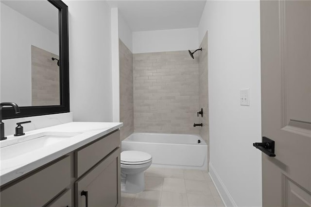 full bath with vanity, washtub / shower combination, baseboards, and toilet
