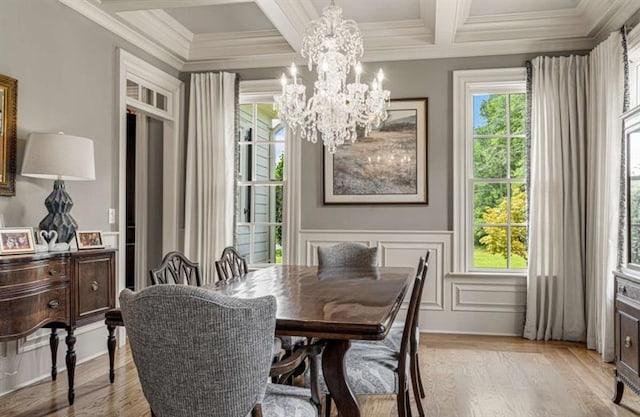 833 Hines Rd, Moreland, GA 30259 - dining area featuring a chandelier, ornamental molding, light wood-style flooring, coffered ceiling, and beam ceiling