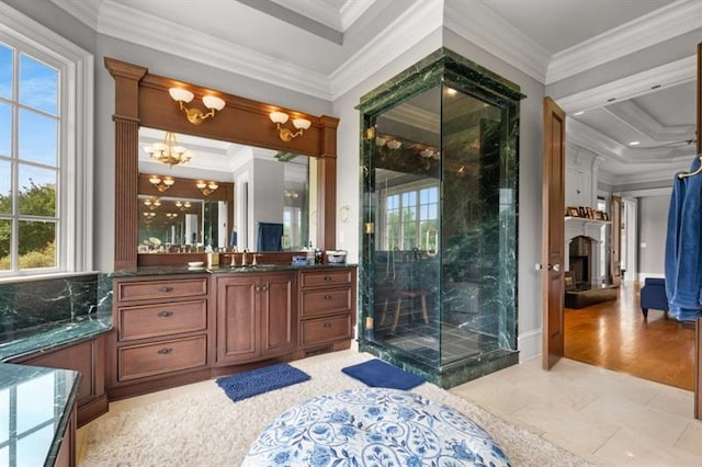 833 Hines Rd, Moreland, GA 30259 - full bath featuring vanity, a chandelier, a stall shower, crown molding, and a fireplace