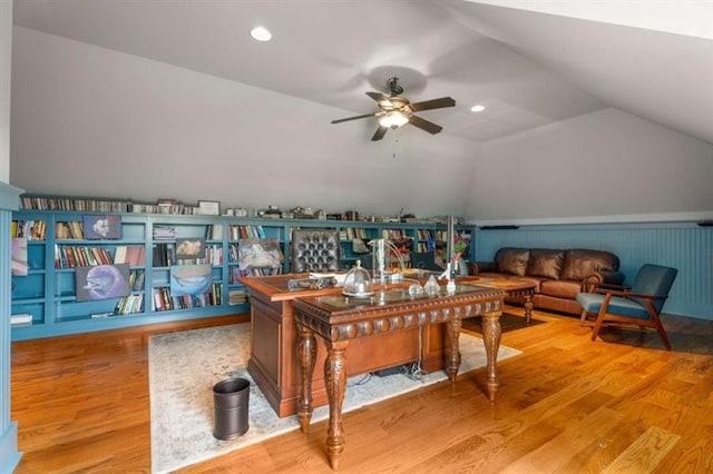 833 Hines Rd, Moreland, GA 30259 - office space featuring vaulted ceiling, wood finished floors, a ceiling fan, and recessed lighting