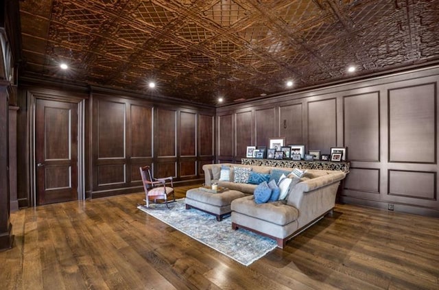 833 Hines Rd, Moreland, GA 30259 - cinema with a decorative wall, dark wood-type flooring, an ornate ceiling, and recessed lighting